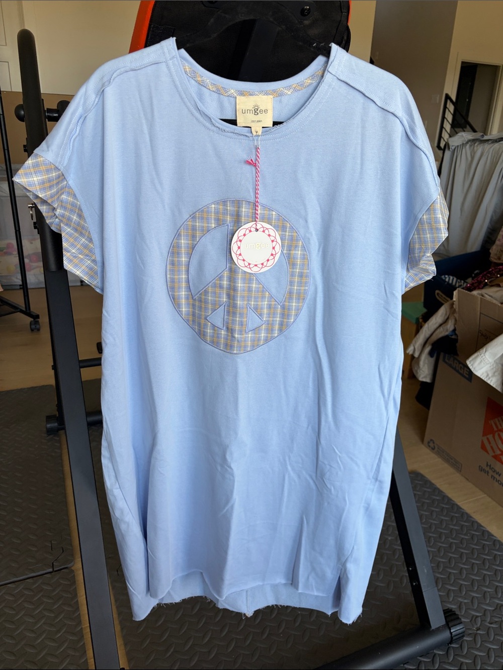 Umgee Light Blue Midi Dress with Plaid Peace Applique